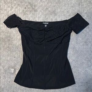 Black Off-Shoulder Corset Top with Mesh by Bebe